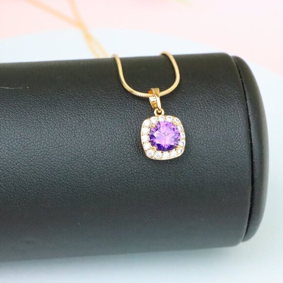 "Purple Round Stone Pendant in Gold Plated Brass with Crystal Halo, XPPT1772 - Picture 6 of 13
